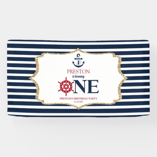 Nautical Navy Blue ONE Eerste 1e verjaardagsfeestj Spandoek (Horizontaal)
