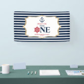 Nautical Navy Blue ONE Eerste 1e verjaardagsfeestj Spandoek (Beurs)