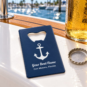 Nautical Navy Blue Personalized Boat Name Kredietkaart Flessenopener