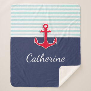 Nautical Navy Blue Red Anchor Custom Design Sherpa Deken