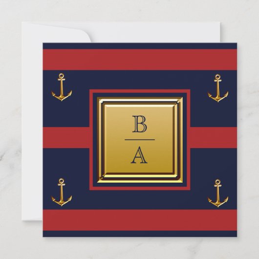 Nautical Navy Blue Red Stripes Anchor Wedding Invi Kaart (Voorkant)