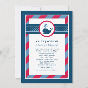 Nautical Navy Blue Red Whale Boy Baby shower Kaart