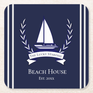 Nautical Navy Blue Sailboat Coastal Monogramed Vierkante Kartonnen Onderzetter