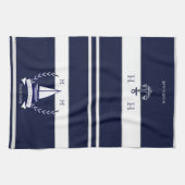 Nautical Navy Blue Sailboat Monogram Naam Theedoek (Horizontaal)