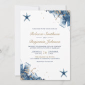 Nautical Navy Blue Starfish Foto QR Code Weddensch Kaart (Voorkant)