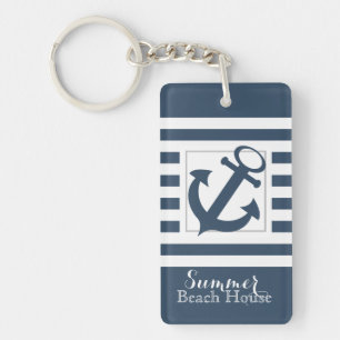 Nautical Navy Blue Stripe Beach House Sleutelhanger
