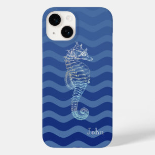 Nautical Navy Blue Stripe Waves Seahorse Case-Mate iPhone 14 Hoesje