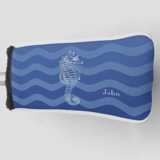 Nautical Navy Blue Stripe Waves Seahorse Golfheadcover (Voorkant)