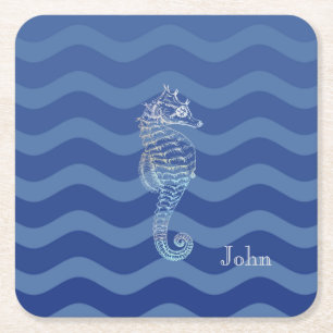 Nautical Navy Blue Stripe Waves Seahorse Vierkante Kartonnen Onderzetter