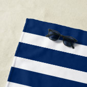 Nautical Navy Blue Striped Add Name Script Strandlaken (In situ)