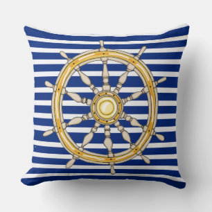 Nautical Navy Blue Striped Shield Wheel 1 Pillow Kussen