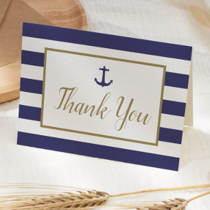 Nautical Navy Blue Stripes Anchor Gold Script Bedankkaart