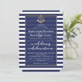 Nautical Navy Blue Stripes Gold Anchor Wedding Kaart (Staand voorkant)
