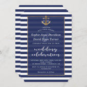 Nautical Navy Blue Stripes Gold Anchor Wedding Kaart (Voorkant / Achterkant)
