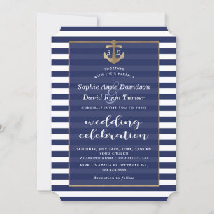 Nautical Navy Blue Stripes Gold Anchor Wedding Kaart