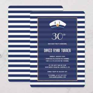 Nautical Navy Blue Stripes Gold Birthday Party Kaart