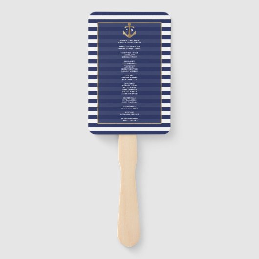 Nautical Navy Blue Stripes Gold Wedding Program Handwaaier (Achterkant)
