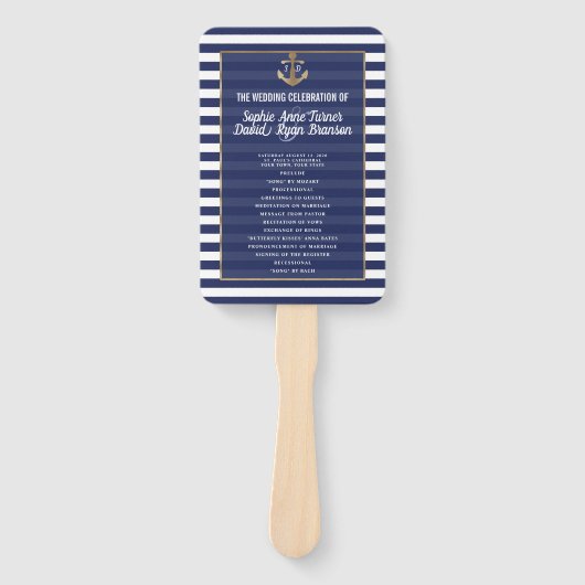 Nautical Navy Blue Stripes Gold Wedding Program Handwaaier (Voorkant)