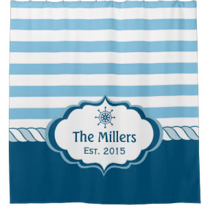 Nautical Navy Blue Stripes Helm Personalized Logo Douchegordijn