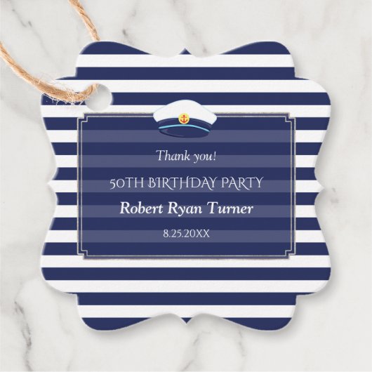 Nautical Navy Blue Stripes Man 50th Birthday Bedankjes Labels (Voorkant)