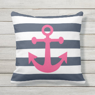 Nautical Navy Blue Stripes Pink Magenta Anchor Buitenkussen