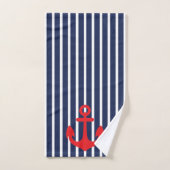 Nautical Navy Blue Stripes Red Anchor Bad Handdoek (Handdoek)