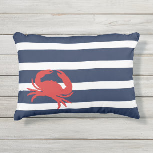 Nautical Navy Blue Stripes Red Crab Boat Name Buitenkussen