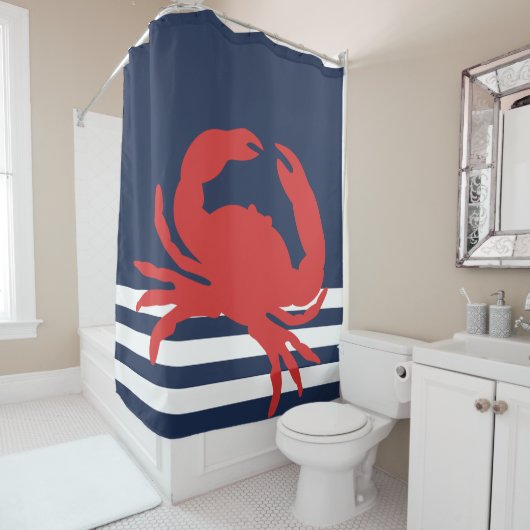 Nautical Navy Blue Stripes Red Crab Douchegordijn (In situ)