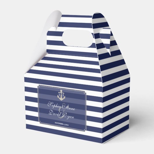 Nautical Navy Blue Stripes Silver Wedding Bedankdoosjes (Voorkant Zijde)