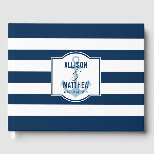 Nautical Navy Blue Stripes Wedding Monogram Gastenboek