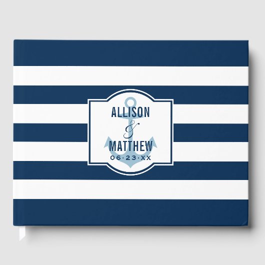 Nautical Navy Blue Stripes Wedding Monogram Gastenboek (Voorkant)