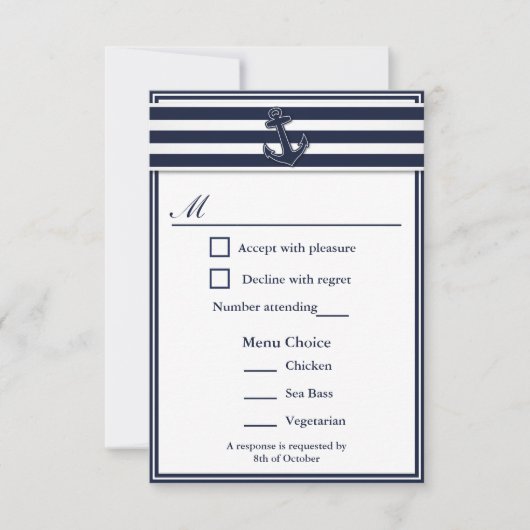 Nautical Navy Blue Swallows RSVP 3 Menu Keuze (Voorkant)