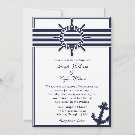 Nautical Navy Blue Swallows Wedding Invitation Kaart (Voorkant)