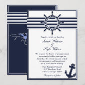 Nautical Navy Blue Swallows Wedding Invitation Kaart (Voorkant / Achterkant)