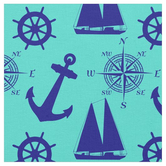 Nautical Navy Blue Turquoise Pattern Stof (Close Up)