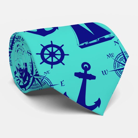 Nautical Navy Blue Turquoise Pattern Stropdas (Opgerold)