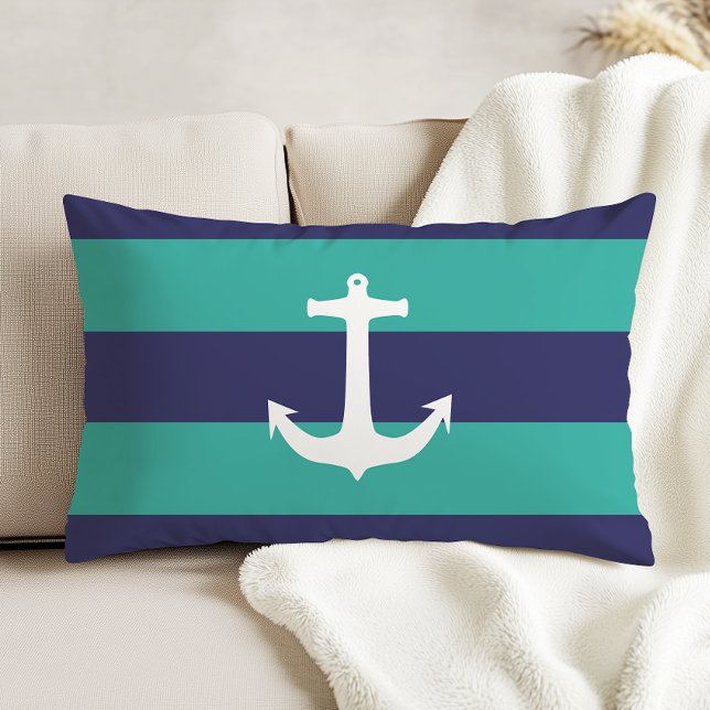 Nautical Navy Blue Turquoise Stripes White Anchor Accent Kussen (Creator heeft geüpload)