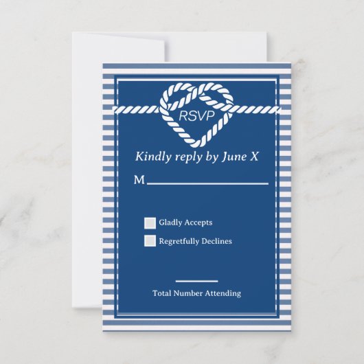 Nautical Navy Blue Tying Knot Stripes Bruiloft RSVP Kaartje (Voorkant)