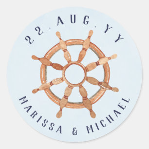 Nautical Navy Blue + Waterverf scheepswiel Ronde Sticker