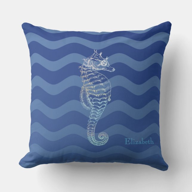 Nautical Navy Blue Waves, Seahorse Kussen (Voorkant)