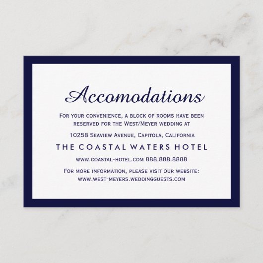 Nautical Navy Blue Wedding Accommodations Hotel Informatiekaartje (Voorkant)
