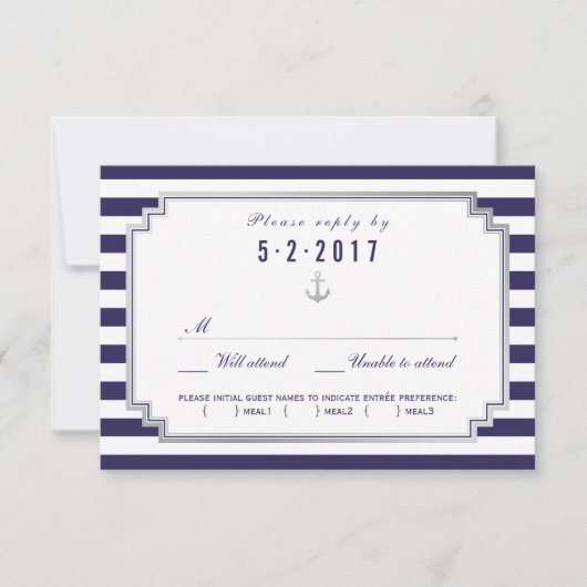 Nautical Navy Blue Wedding RSVP Kaart Meal Choice (Voorkant)