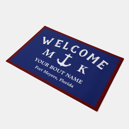 Nautical Navy Blue Welcome Aboard Name Anchor Deurmat (Schuin)