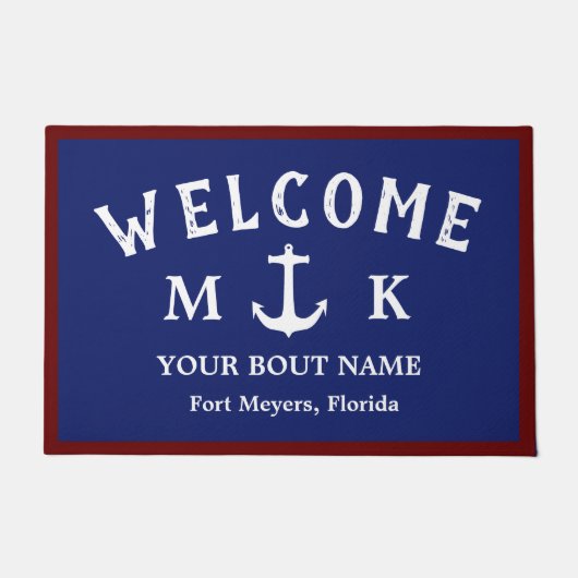 Nautical Navy Blue Welcome Aboard Name Anchor Deurmat (Voorkant)