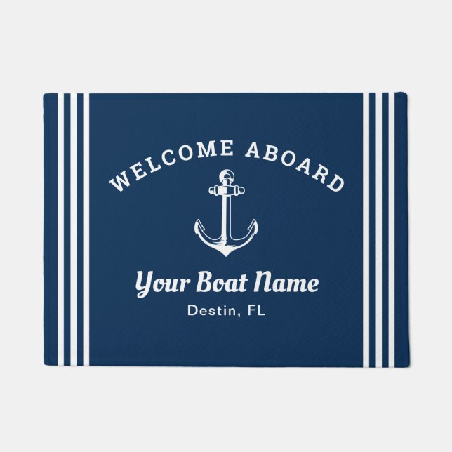 Nautical Navy Blue Welcome Aboard Name Anchor Deurmat (Voorkant)