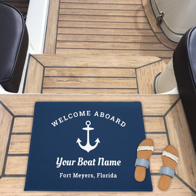 Nautical Navy Blue Welcome Aboard Name Anchor Deurmat (Creator heeft geüpload)