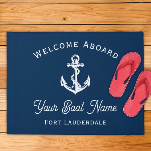 Nautical Navy Blue Welcome Aboard Name Anchor Deurmat