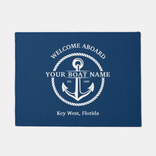 Nautical Navy Blue Welcome Aboard Name Anchor Deurmat