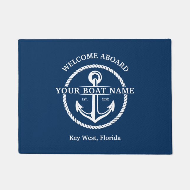 Nautical Navy Blue Welcome Aboard Name Anchor Deurmat (Voorkant)