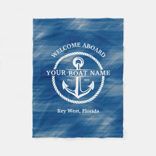 Nautical Navy Blue Welcome Aboard Name Anchor Fleece Deken